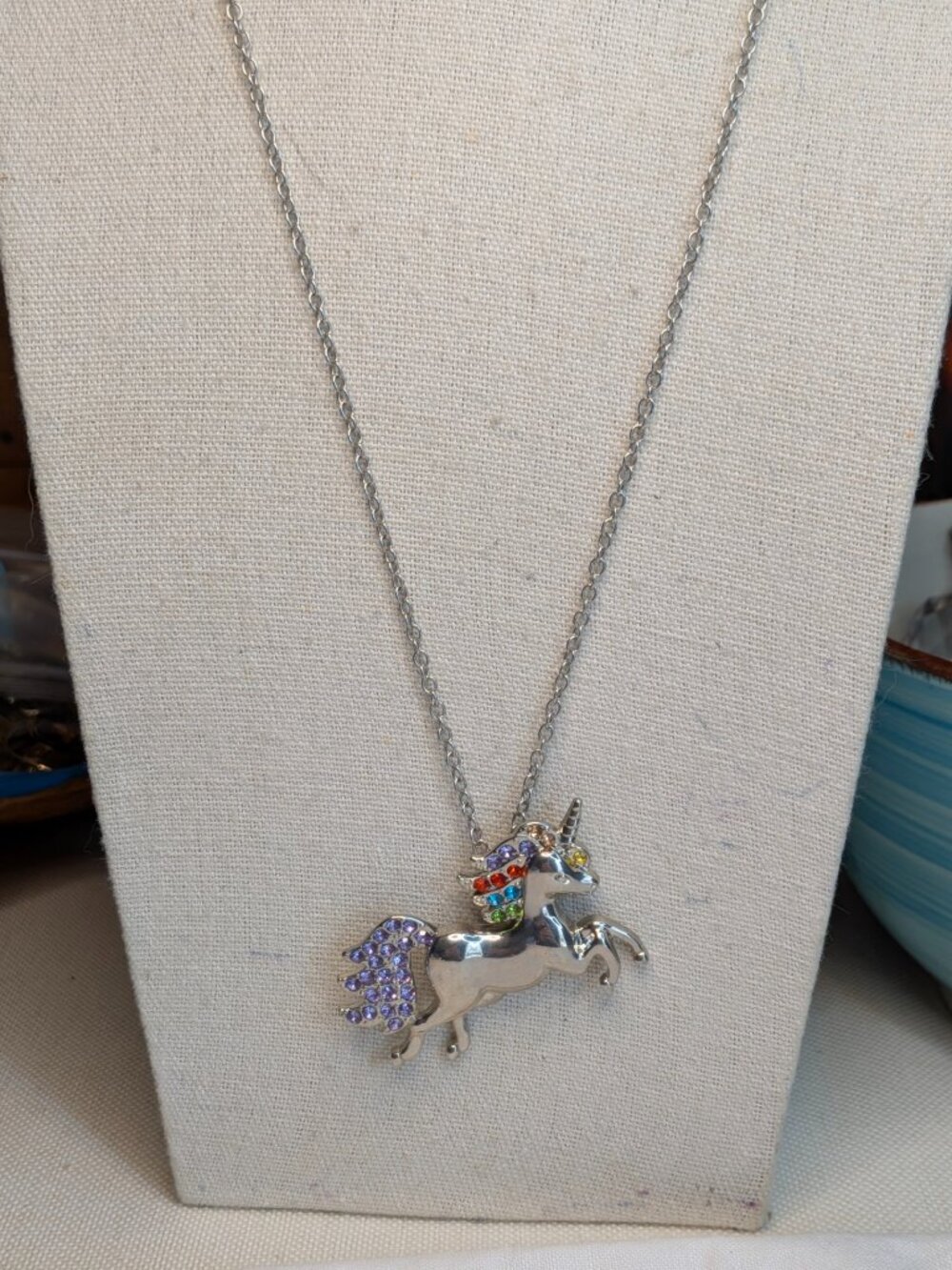 Silver Tone Rainbow Unicorn Necklace with Rhinestones
